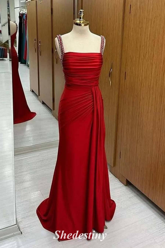 Rhinestone Straps Red Mermaid Pleated Prom Dress with Train