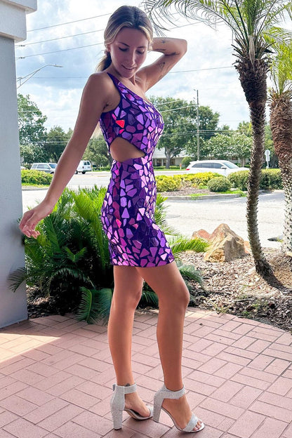 Red Cut Glass Mirror One-Shoulder Short Party Dress