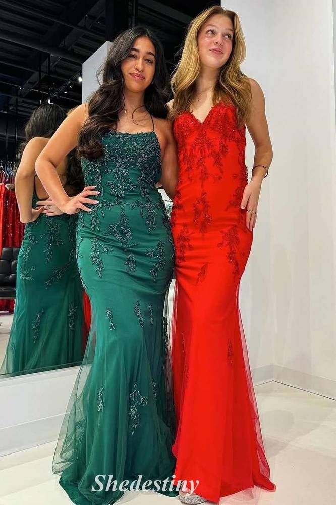 Applique Ink Blue Mermaid Spaghetti Straps Prom Maxi Dress