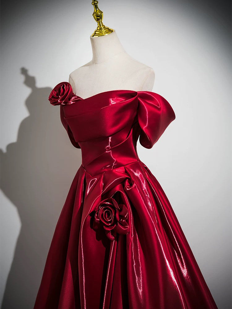 A-Line Satin Burgundy Long Prom Dress, Burgundy Long Formal Dress