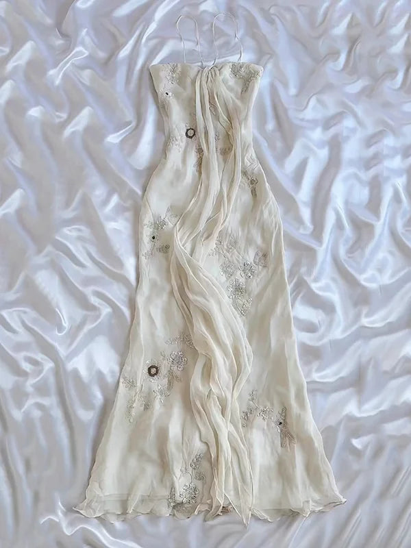 Ivory gorgeous light delicate beaded spaghetti straps long chiffon ball gown evening dress party dress gh3336