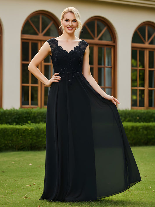 V-neck Lace Sequins Chiffon A-Line Long Dress Black