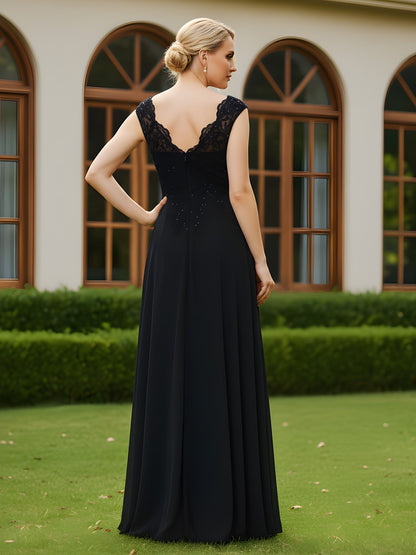 V-neck Lace Sequins Chiffon A-Line Long Dress Black