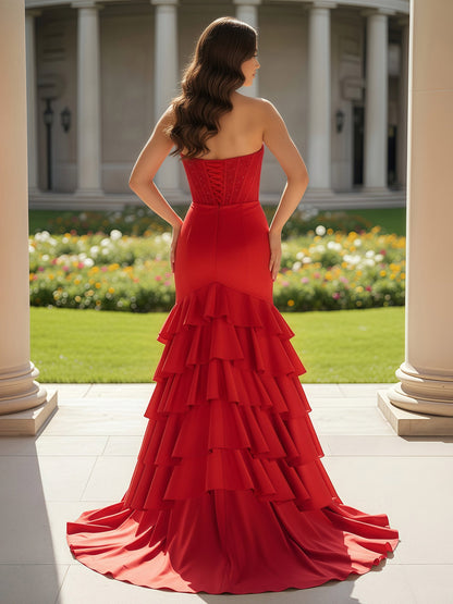 Mermaid Strapless Slit Ruffle Prom Dress With Sweep/Brush Train Red