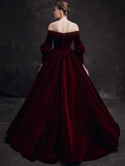 A-Line Long Sleeves Velvet Burgundy Long Prom Dress, Burgundy Long Formal Dress