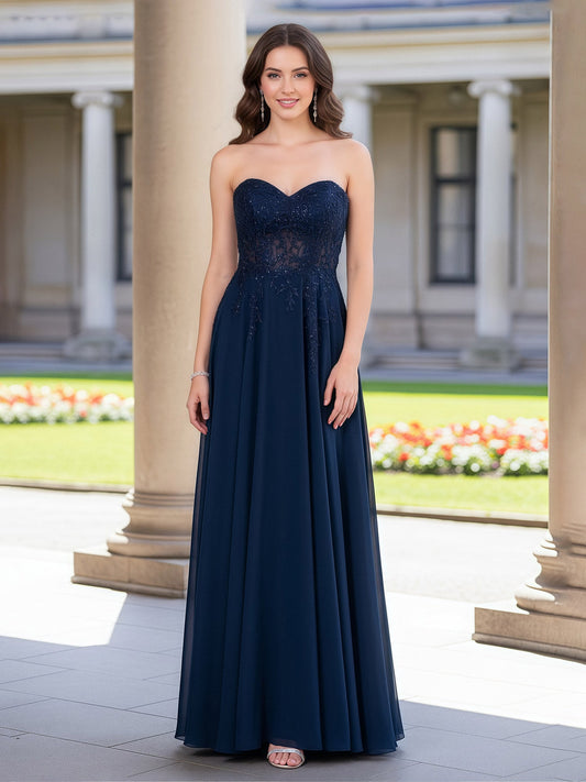 Chiffon Floor Length A-Line Appliqued Prom Dress Dark Navy