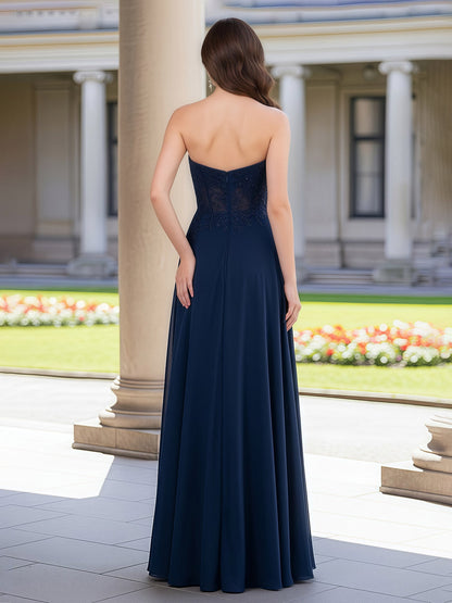 Chiffon Floor Length A-Line Appliqued Prom Dress Dark Navy