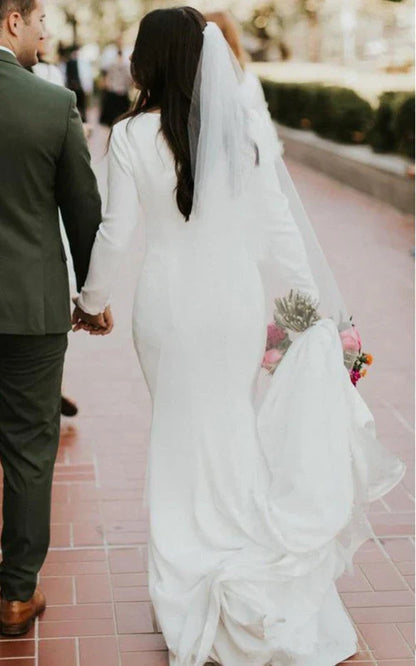 Aimishang Elegant Satin Chapel Train Mermaid Long Sleeve Wedding Dress