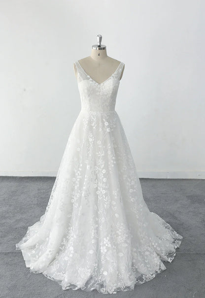 Floral Lace Wedding Dress lace wedding dress with plunging V neck Rustic Lace Wedding Dresse