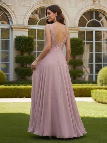 Chiffon Floor Length A-Line Sleeveless Open Back Prom Dress Dusk