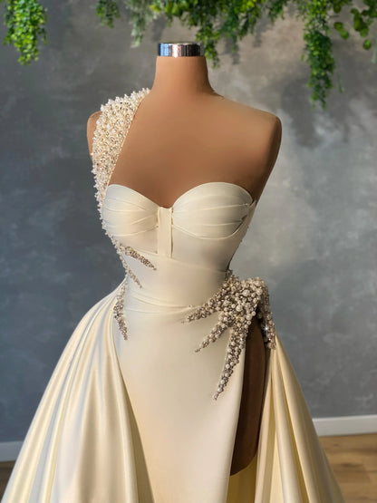 One Shoulder Pearls Satin Bridal Gown evening dress gh2567