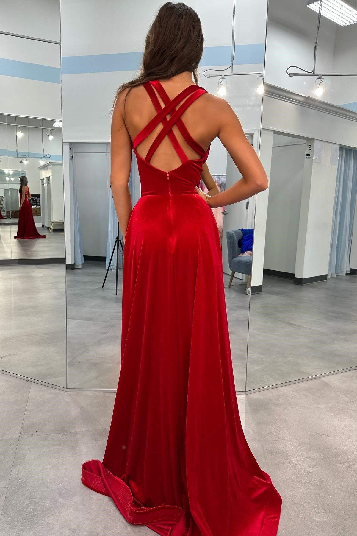 Red Velvet Plunge V Cross Back A-Line Long Formal Dress