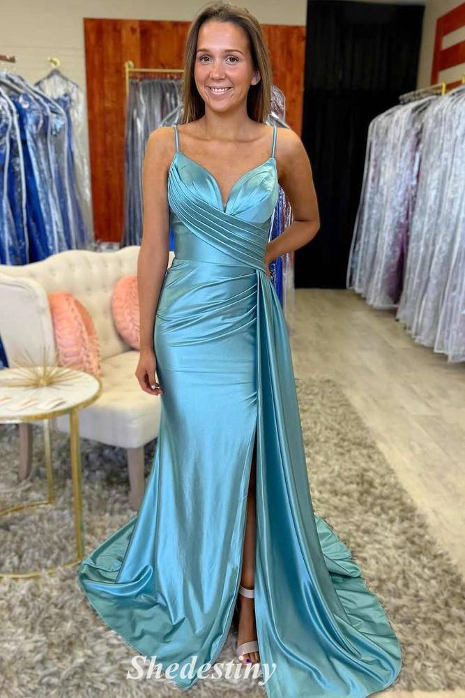 Illusion Corset V-Neck Mermaid Pleated Prom Dress with Slit