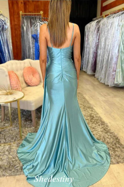 Illusion Corset V-Neck Mermaid Pleated Prom Dress with Slit