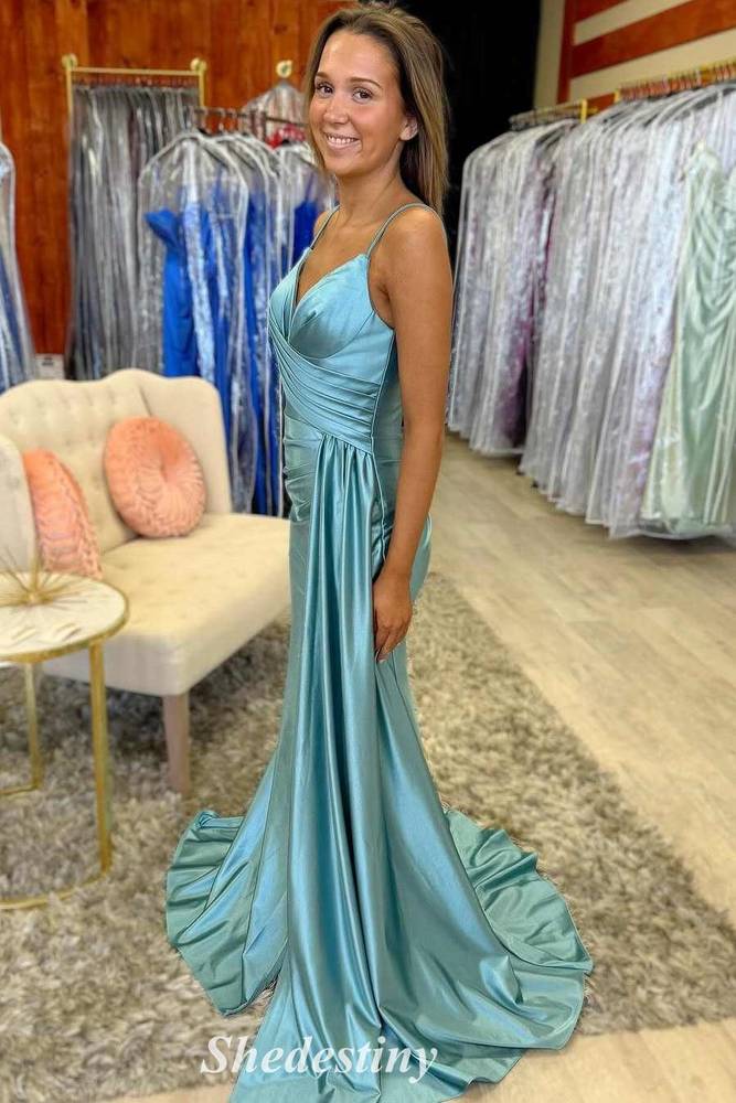 Illusion Corset V-Neck Mermaid Pleated Prom Dress with Slit