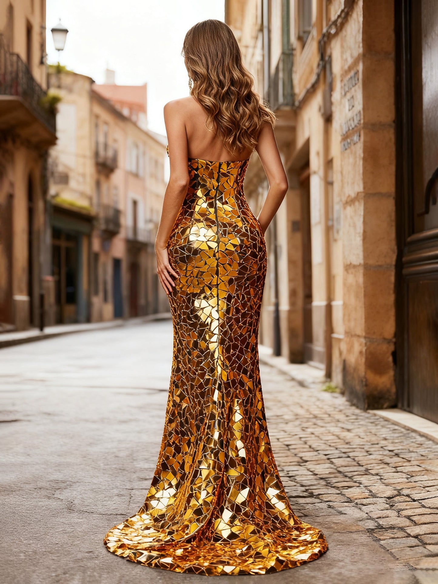 Halter Neck Mermaid Mirror Dress With High Slit Gold