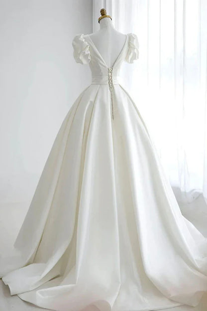 A Line V Neck White Wedding Dress with Short Sleeves