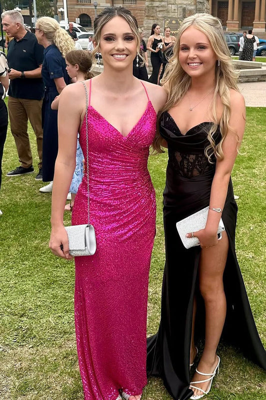 Mermaid Fuchsia Sequins Long V Neck Party Prom Dresses