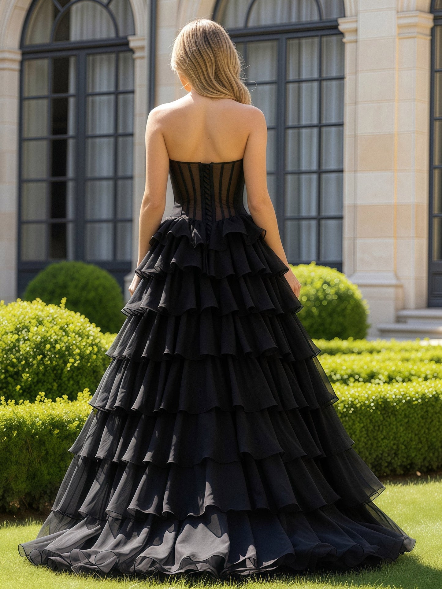 Ball Gown Lace-Up Chiffon Ruffle Prom Dress With Slit Black