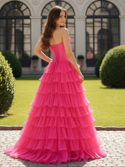 Ball Gown Strapless Chiffon Ruffle Prom Dress With Bow Fuchsia
