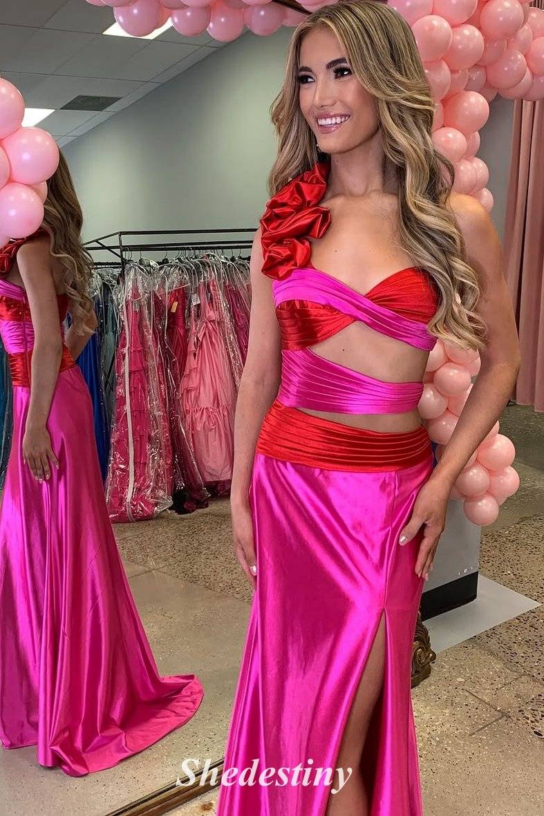One Shoulder Color-Block Cutout Mermaid Prom Dress with Slit