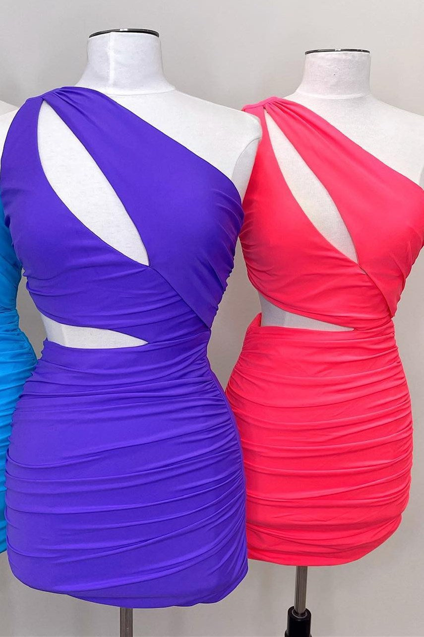 Pink One-Shoulder Keyhole Ruching Short Party Dress