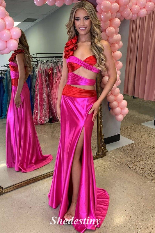 One Shoulder Color-Block Cutout Mermaid Prom Dress with Slit
