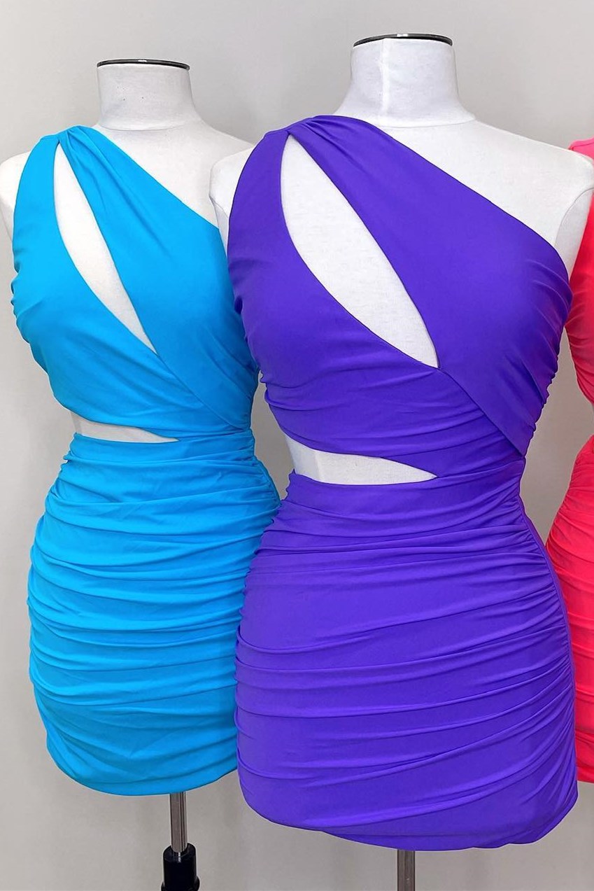 Pink One-Shoulder Keyhole Ruching Short Party Dress