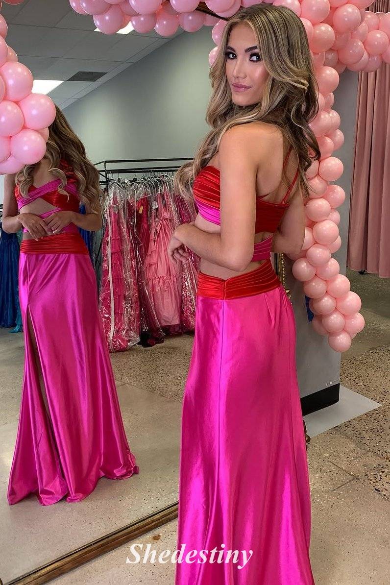 One Shoulder Color-Block Cutout Mermaid Prom Dress with Slit