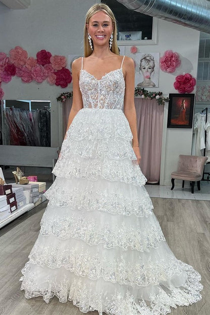 Black Tulle Sequin Tiered Long Gown with Spaghetti Straps