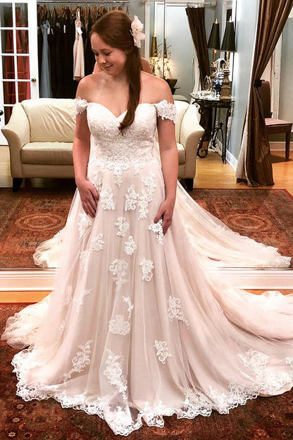 Long A-line Off Shoulder Ivory Wedding Dress with Lace