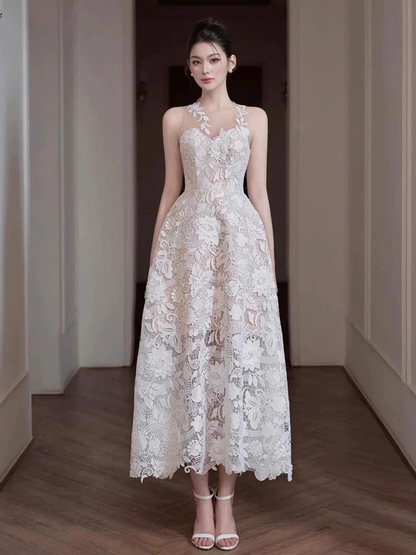 Vintage White Lace Applique Prom Dress Sheath Evening Dress Long Formal Dress HZ1024