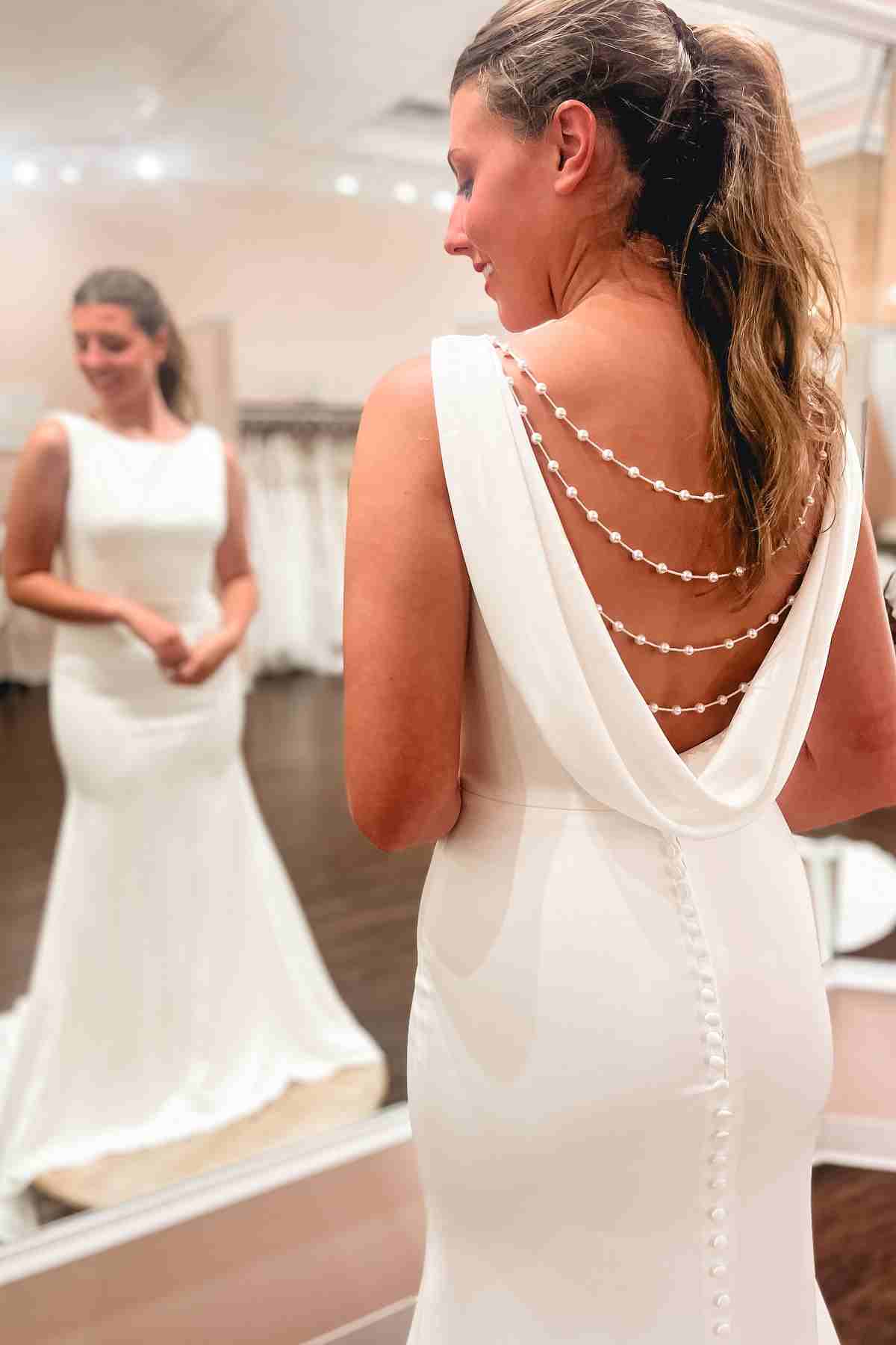 Senior Pearls Trumpet Satin Long Wedding Dress with V-Back