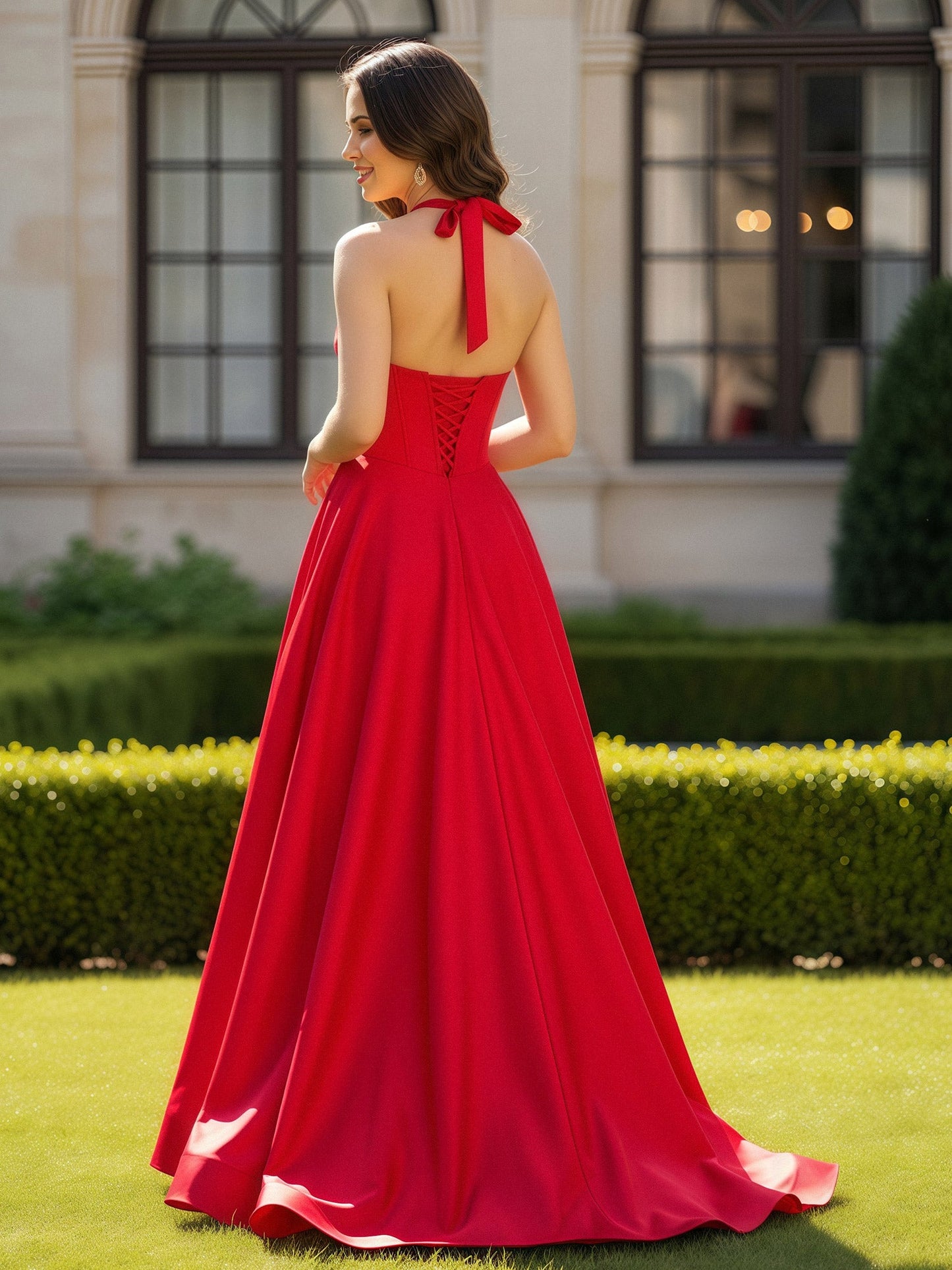 Halter Neck Sleeveless Satin Graceful Prom Dress Red