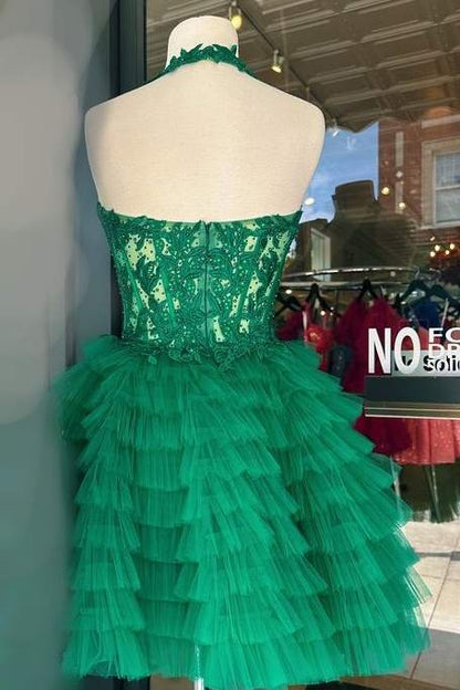 Halter Silver Applique A-Line Layered Homecoming Dress