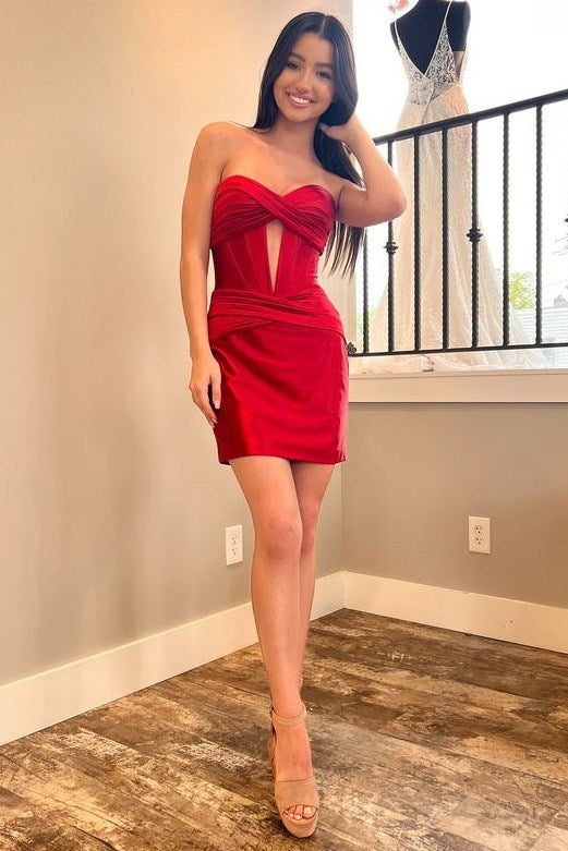 Strapless Keyhole Ruched Mini Satin Homecoming Dress