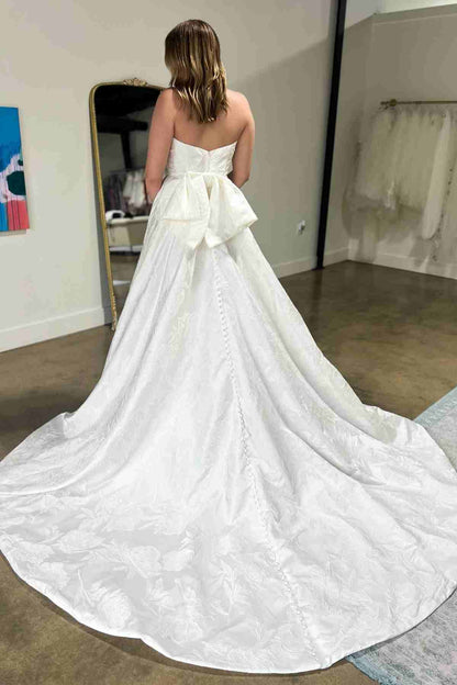 Minimalist Strapless A-Line Slit Long Wedding Dress with Bow