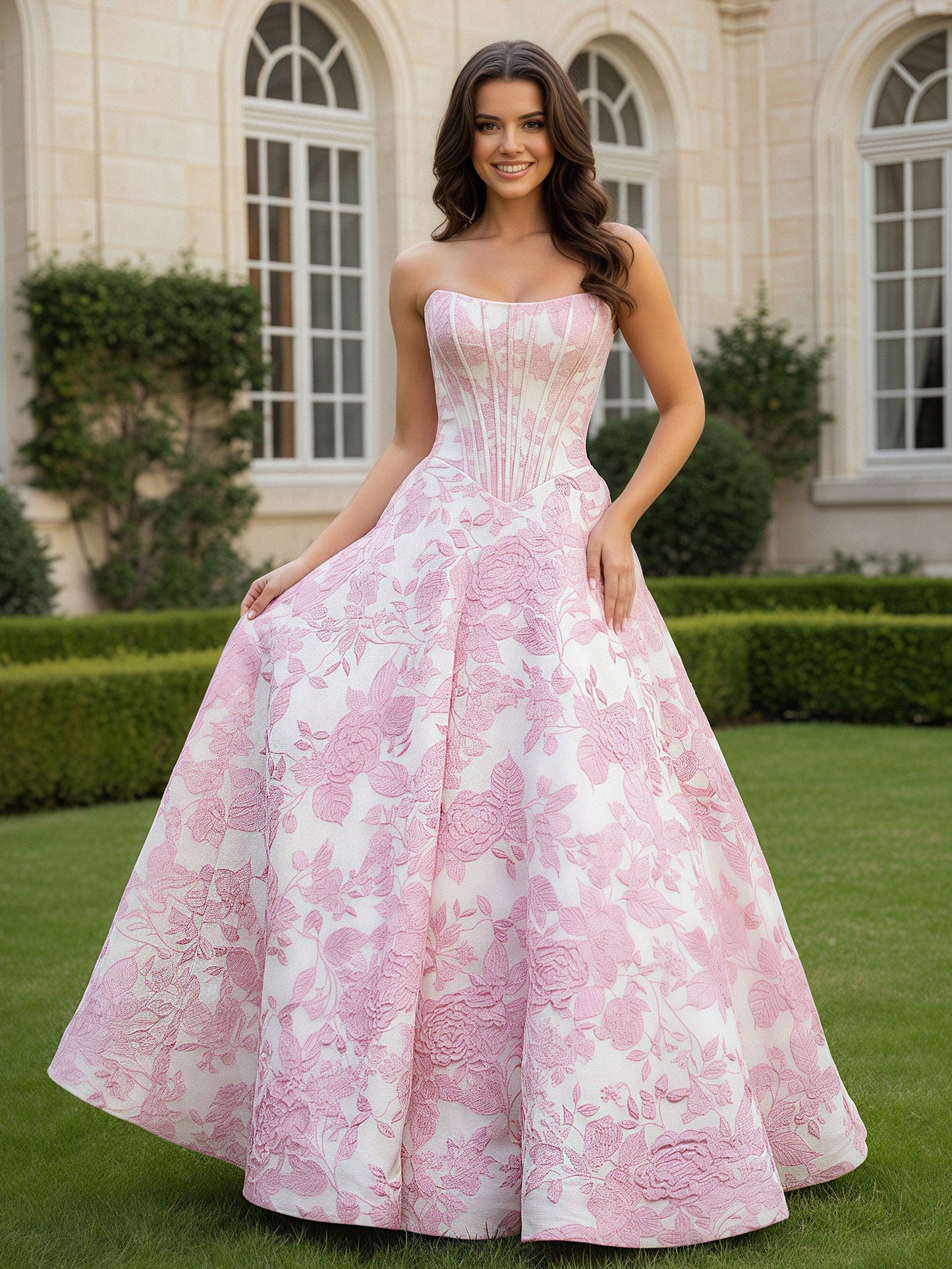 Strapless Graceful Sleeveless Flower Prom Dress As Picture