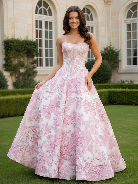 Strapless Graceful Sleeveless Flower Prom Dress As Picture