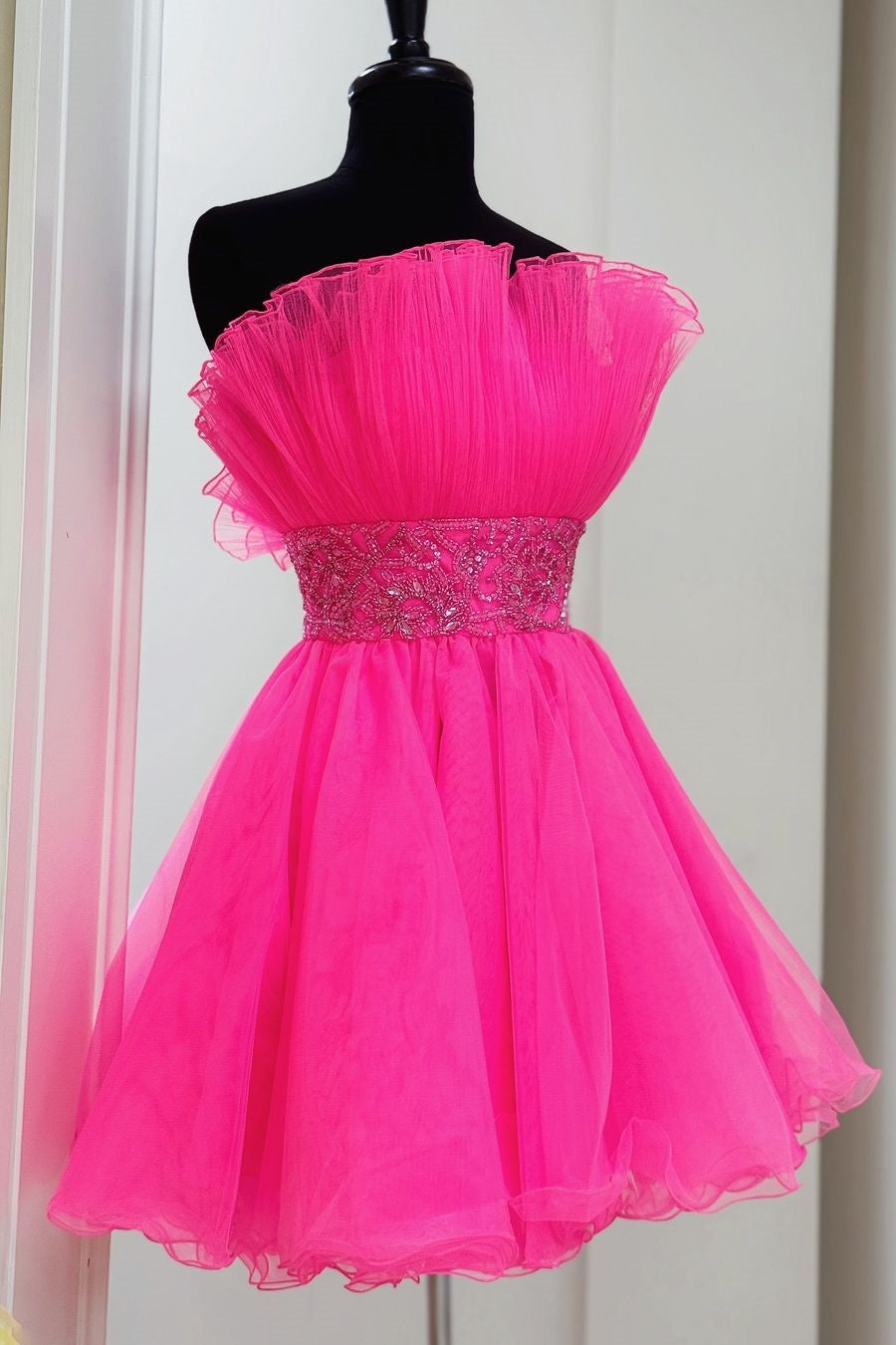 Pink Strapless Beaded Ruffle Tiered Short Homecoming Dress