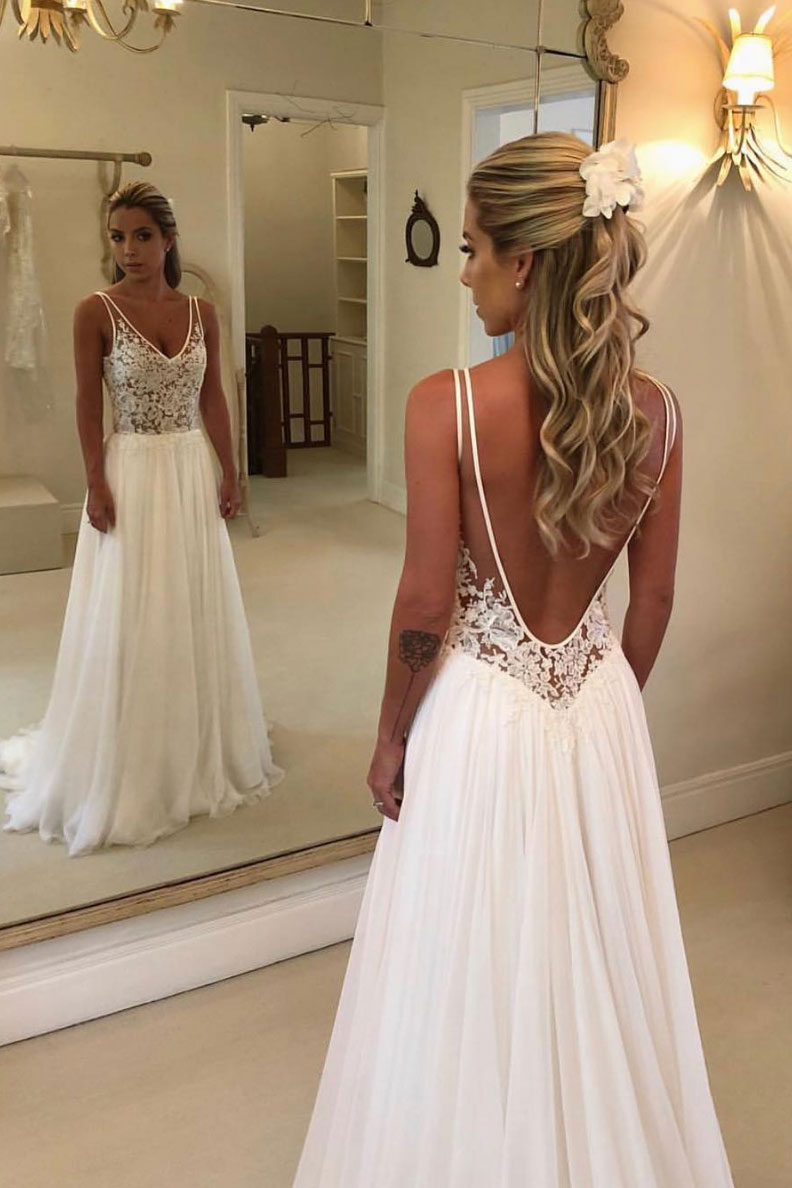 White v neck chiffon lace long prom dress chiffon evening dress