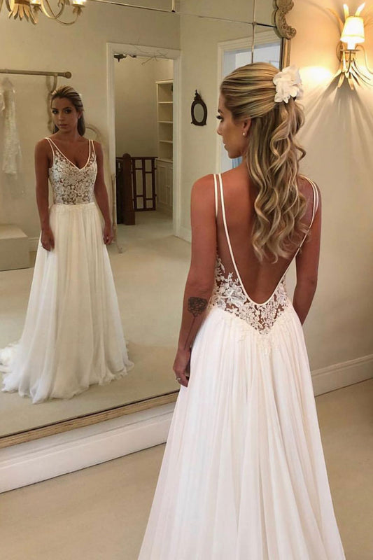 White v neck chiffon lace long prom dress chiffon evening dress