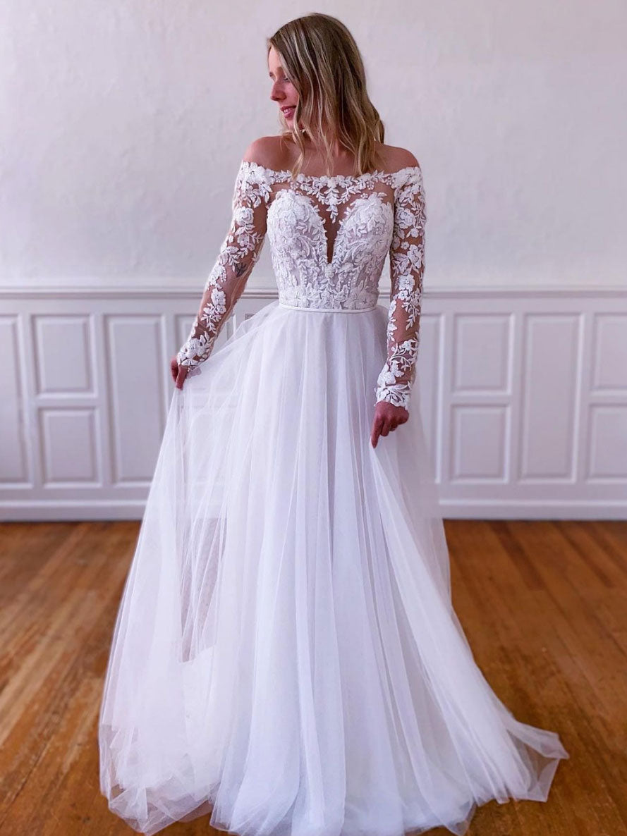 White lace tulle long prom dress, white lace tulle evening dress