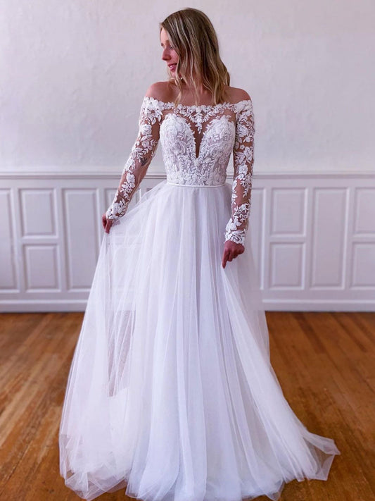 White lace tulle long prom dress, white lace tulle evening dress