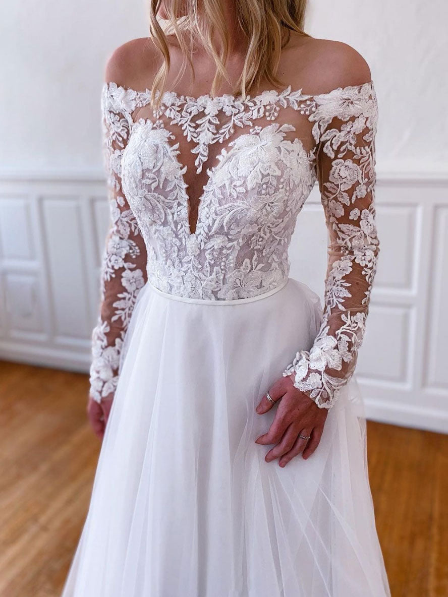 White lace tulle long prom dress, white lace tulle evening dress