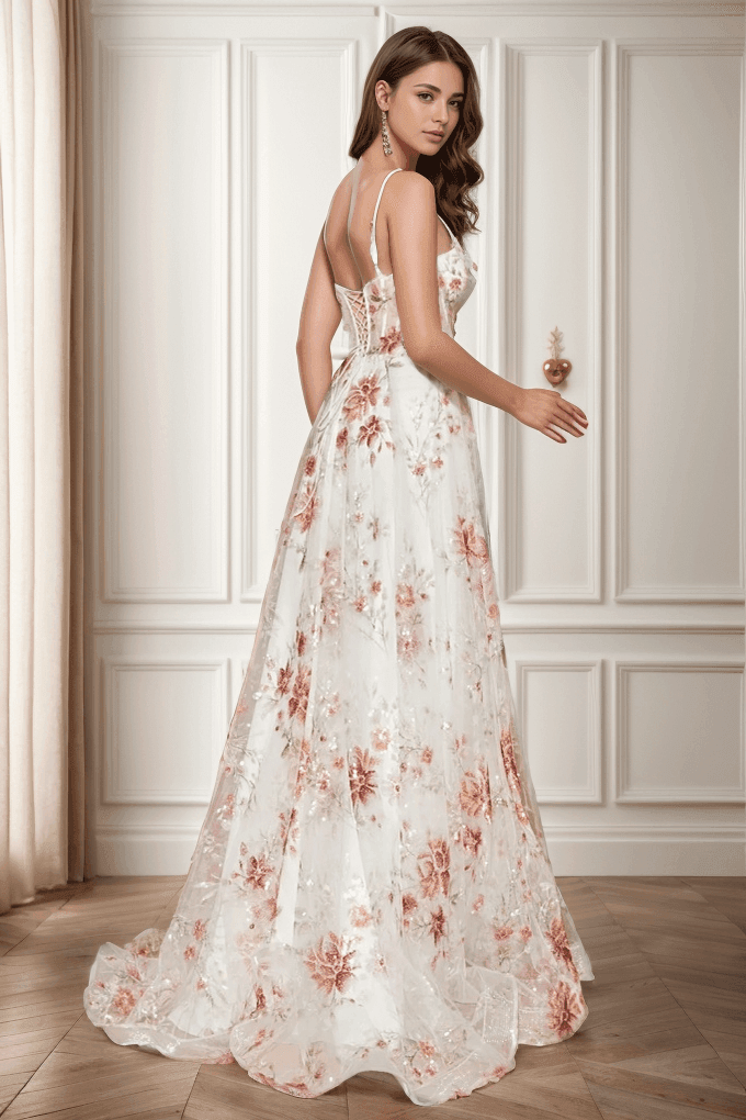 A-Line Sweep-Brush Train Print Prom Dress CS0469
