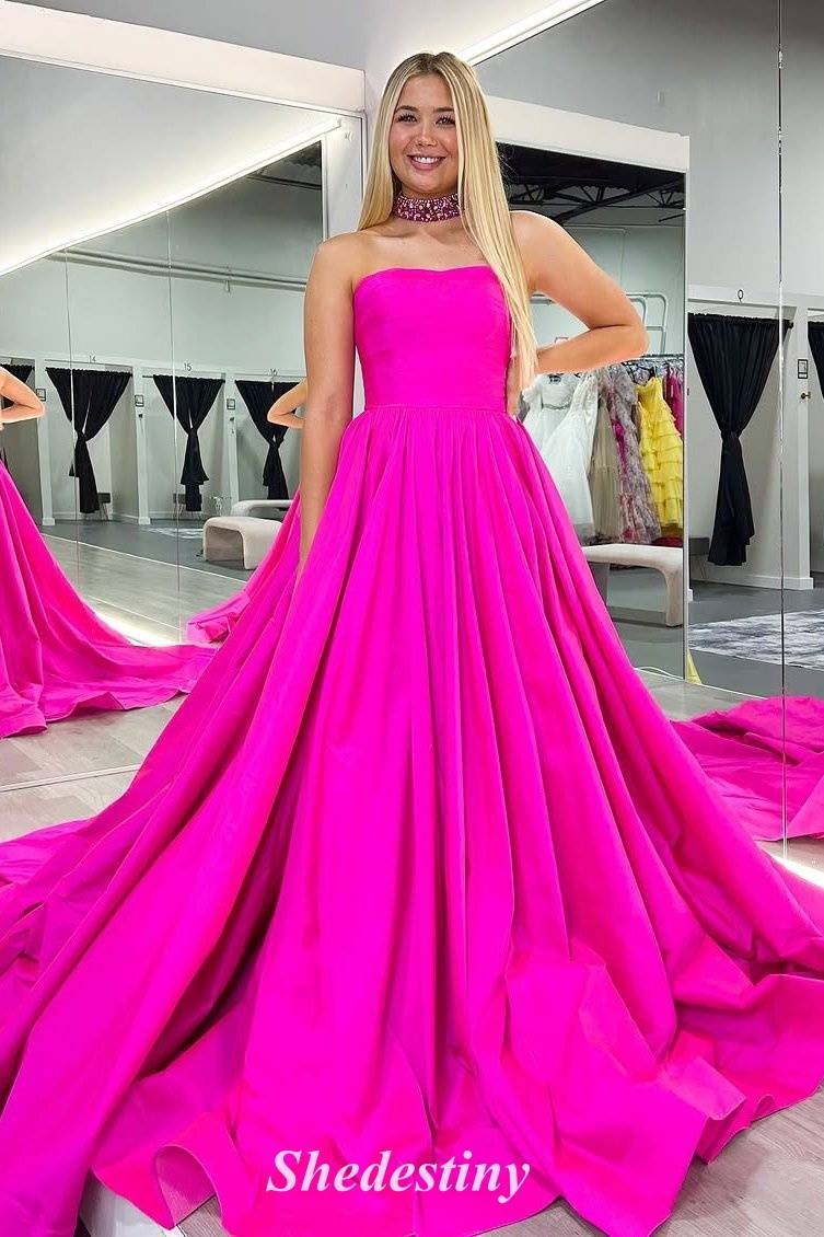Simple Fuchsia Strapless A-Line Taffeta Long Prom Dress