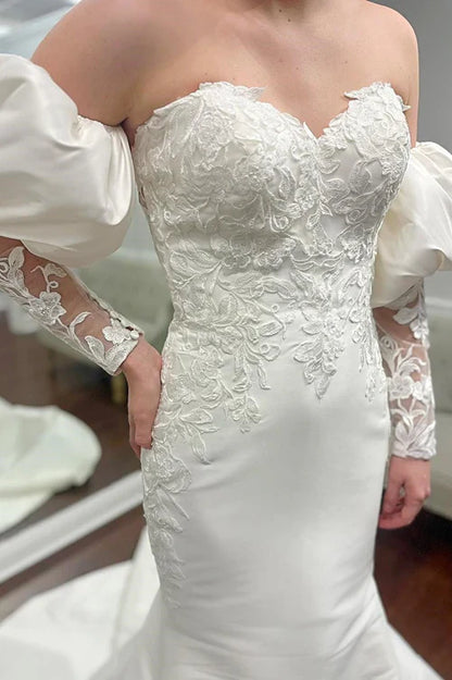 Aimishang White Appliques Off-the-Shoulder Mermaid Wedding Dress with Detached Sleeves