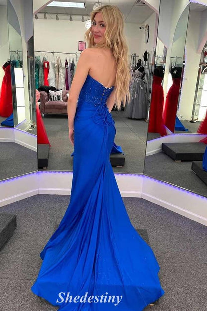 Beaded Strapless Keyhole Yellow Mermaid Prom Dress with Lace-up