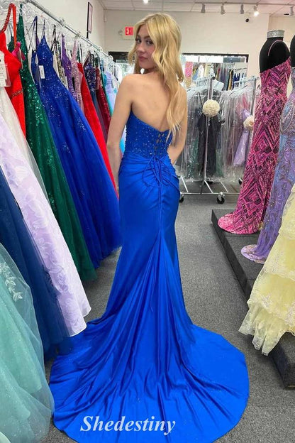Beaded Strapless Keyhole Yellow Mermaid Prom Dress with Lace-up